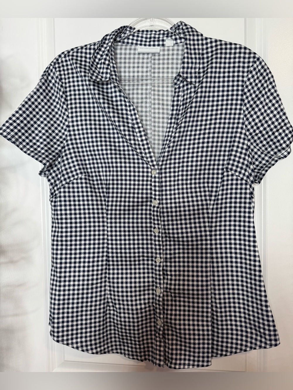 New York & Company navy and White Gingham Button-Down Shirt stretch cotton LG
